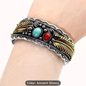 Men Adjustable Open Bangle with Turquoise and Red Accents
